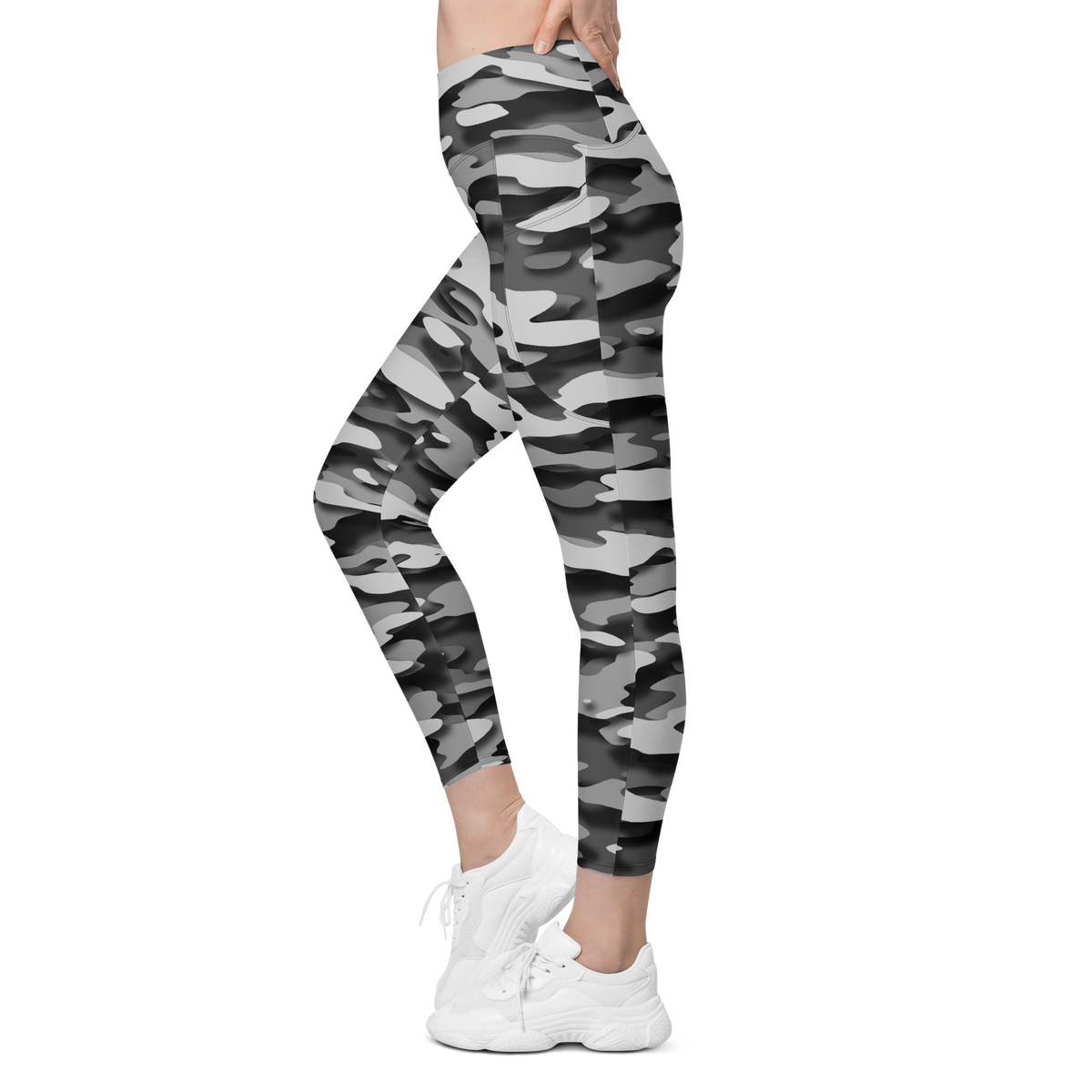 Gulf Greyscale camouflage high-waisted pocket leggings, movement view.