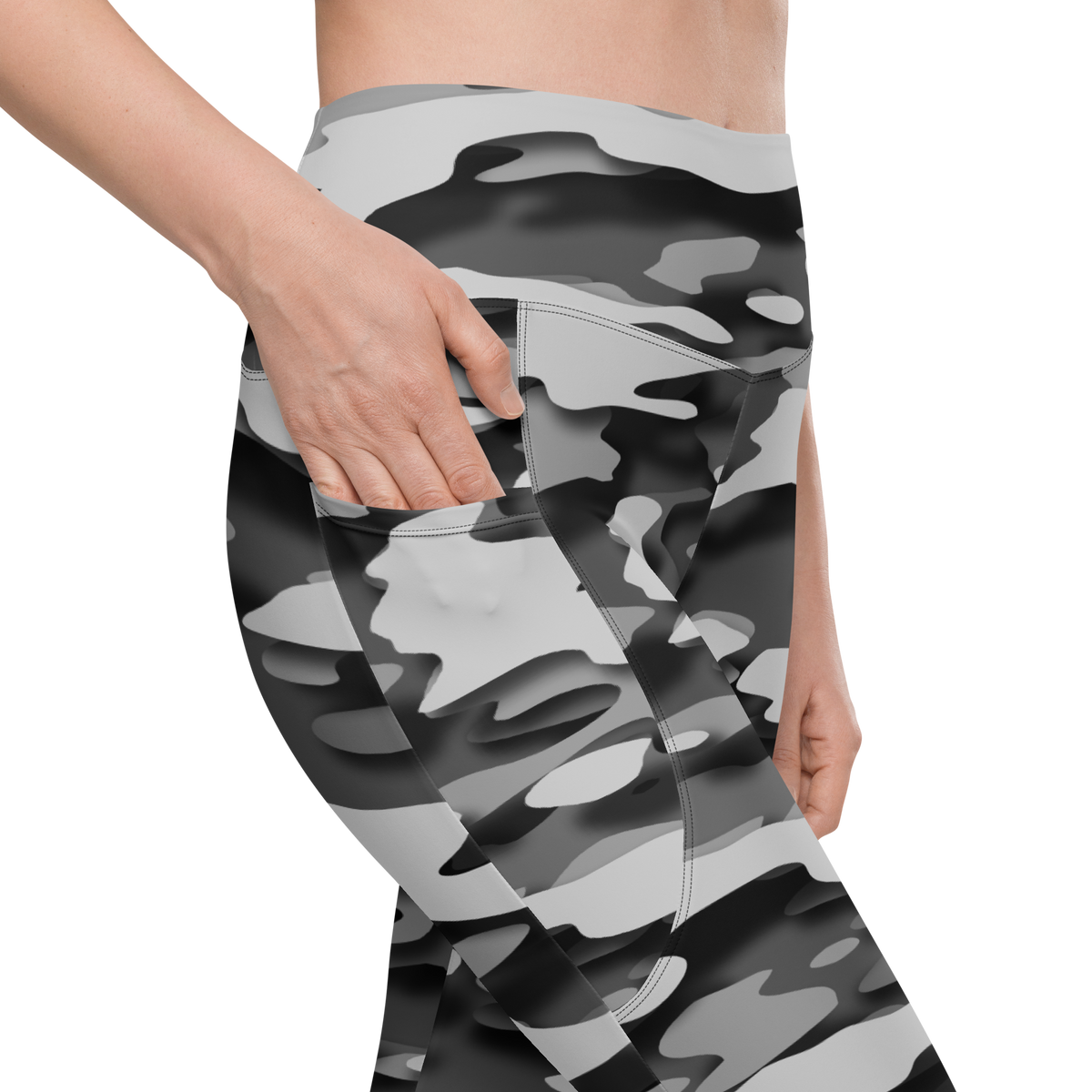 Gulf Greyscale camouflage high-waisted pocket leggings, pocket detail.