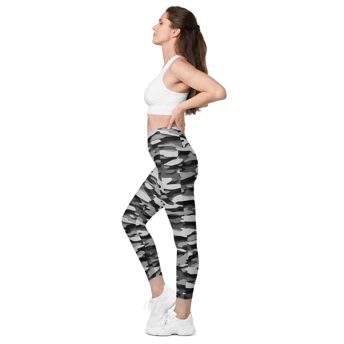 Gulf Greyscale camouflage high-waisted pocket leggings, pocket-in-use view.