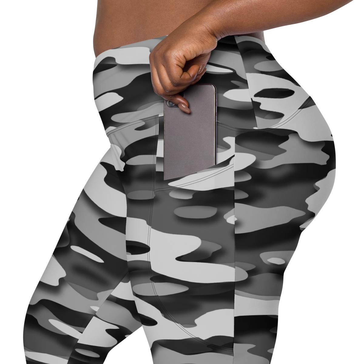 Gulf Greyscale camouflage high-waisted pocket leggings, rear pocket detail.