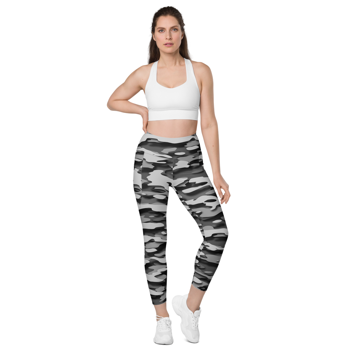 Gulf Greyscale camouflage high-waisted pocket leggings, straight-front view.