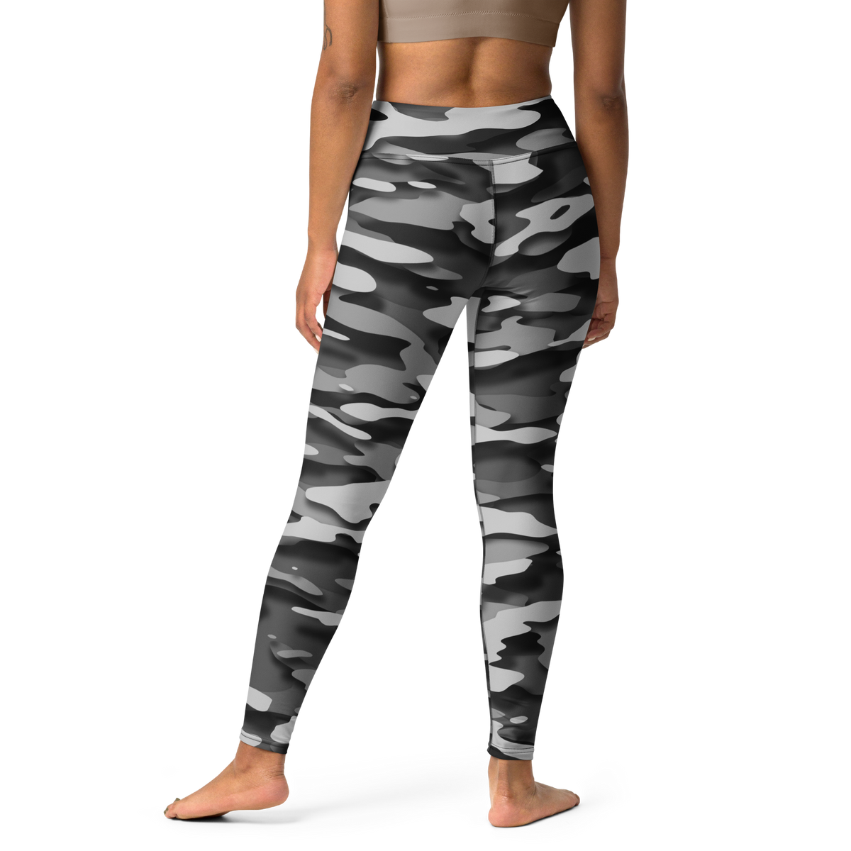 Gulf Greyscale camouflage high-waisted yoga leggings, back view.