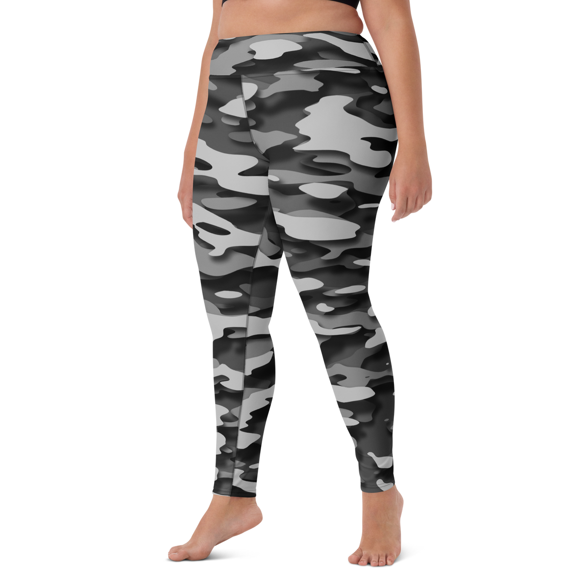 Gulf Greyscale camouflage high-waisted yoga leggings, larger-model left-front view.