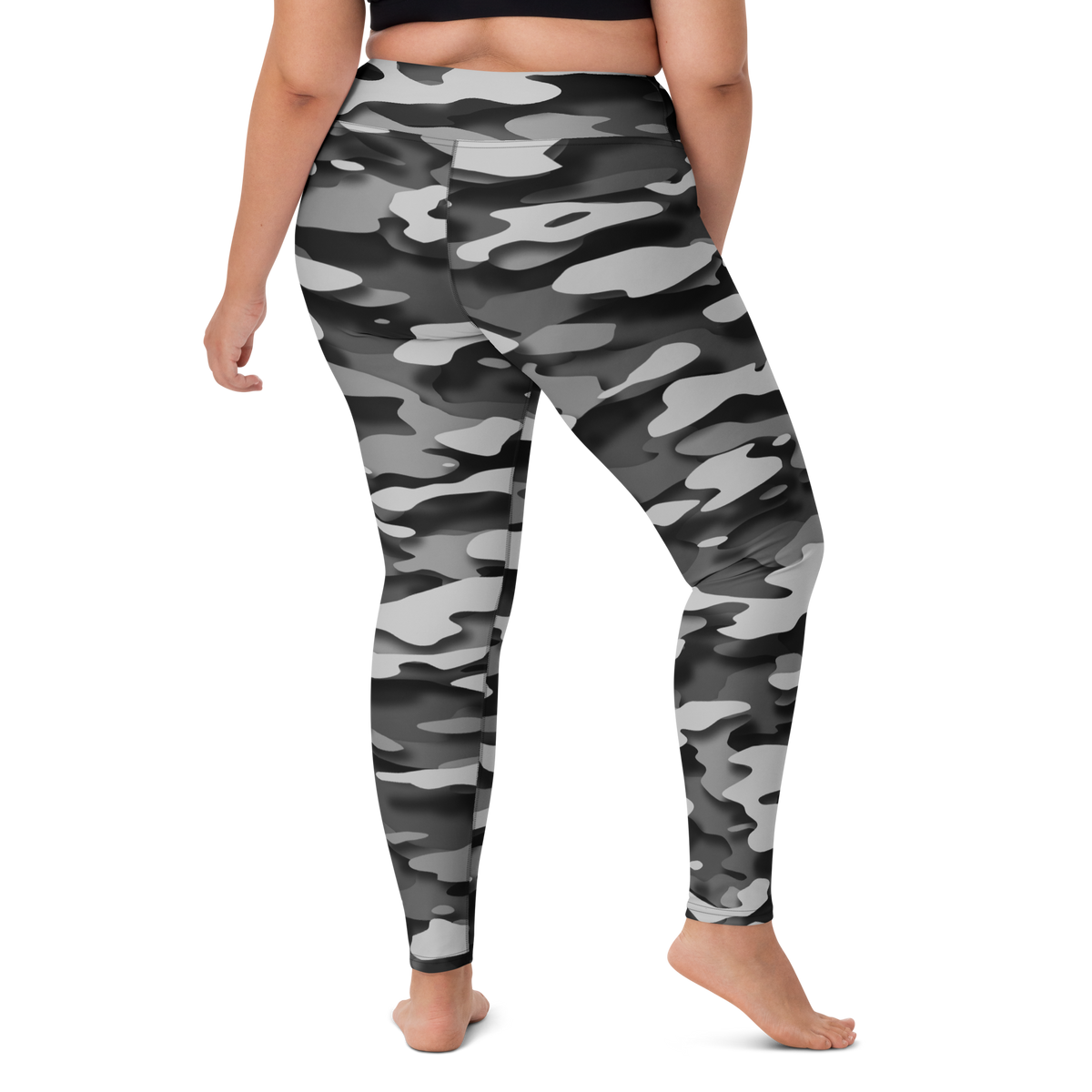 Gulf Greyscale camouflage high-waisted yoga leggings, larger-model right-back view.