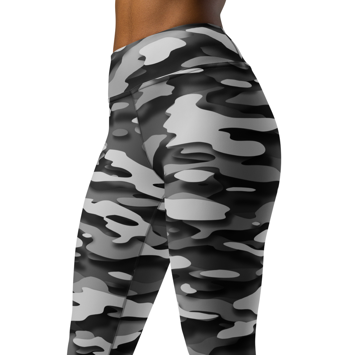 Gulf Greyscale camouflage high-waisted yoga leggings, close pattern view.