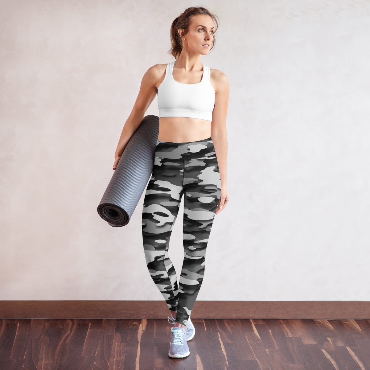Gulf Greyscale camouflage high-waisted yoga leggings, yoga lifestyle view.