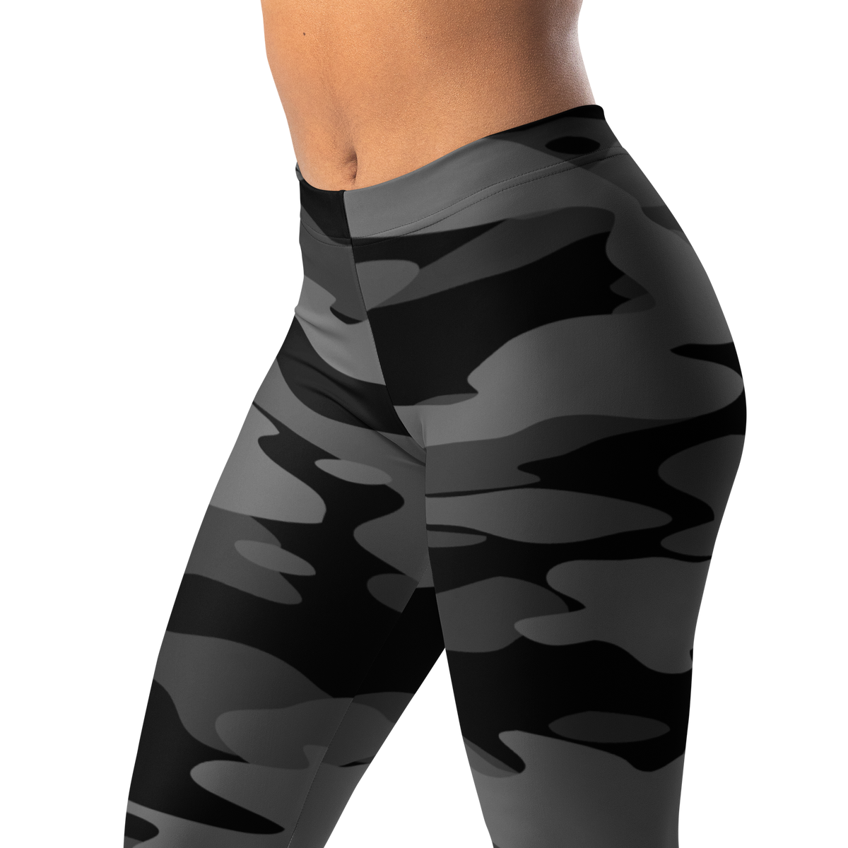 Gulf Greyscale camouflage mid-rise comfort leggings, waistband and pattern detail.
