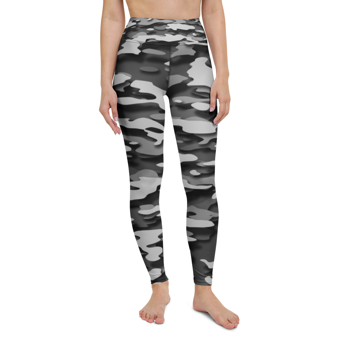 Gulf · Greyscale high-waisted yoga leggings, straight front view, barefoot.