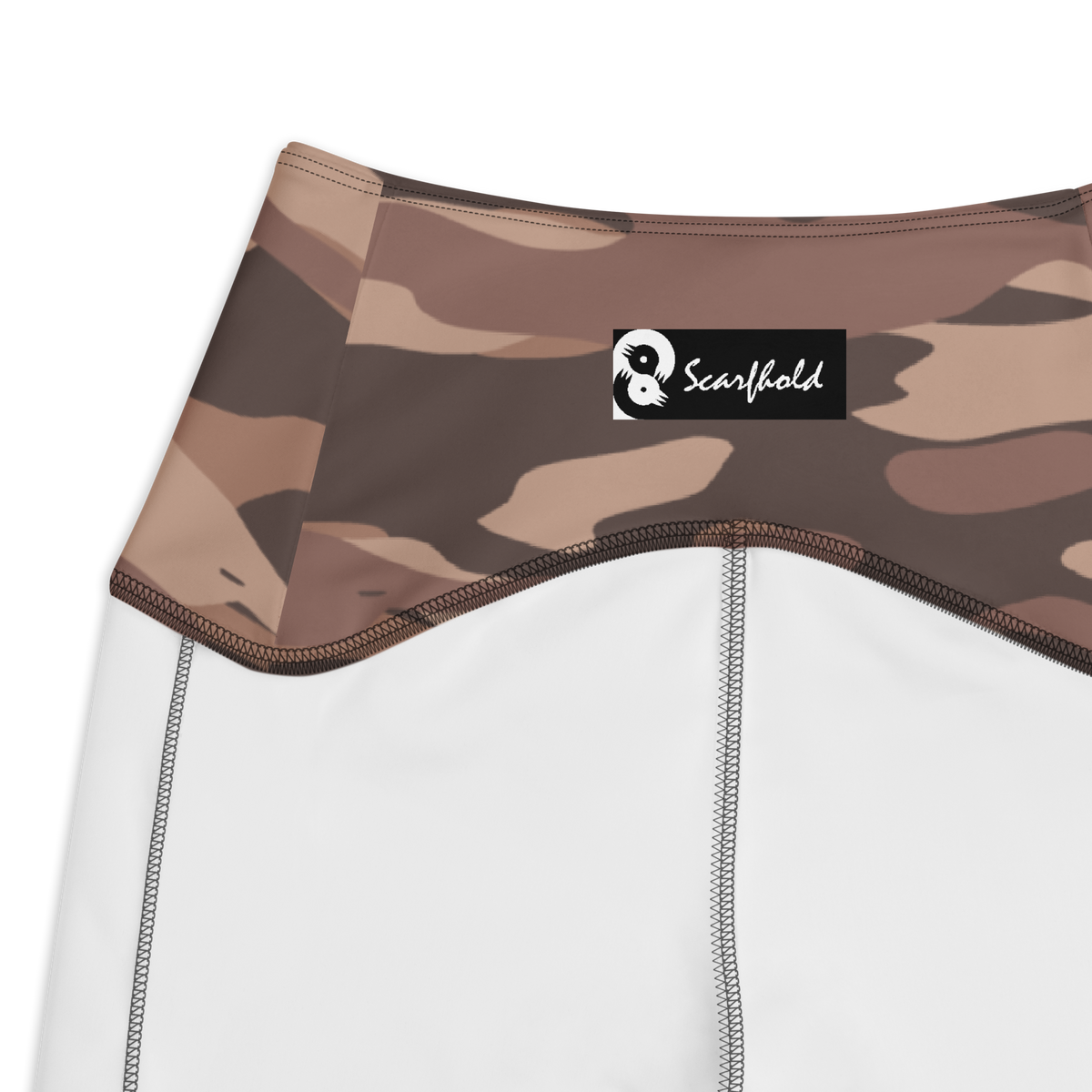 Gulf Mocha Mousse camouflage high-waisted pocket leggings, inside-label and construction detail.