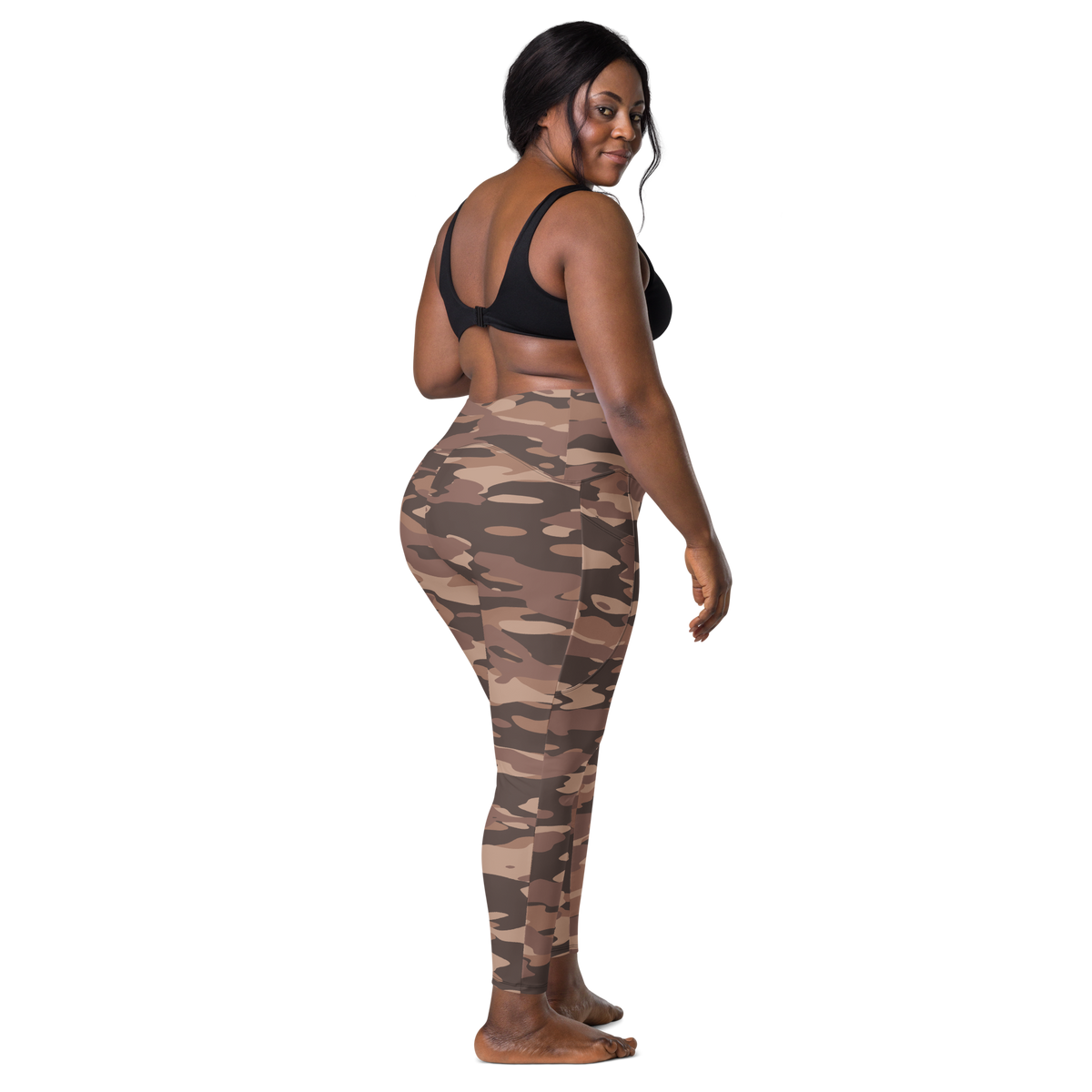 Gulf Mocha Mousse camouflage high-waisted pocket leggings, larger-model back view.