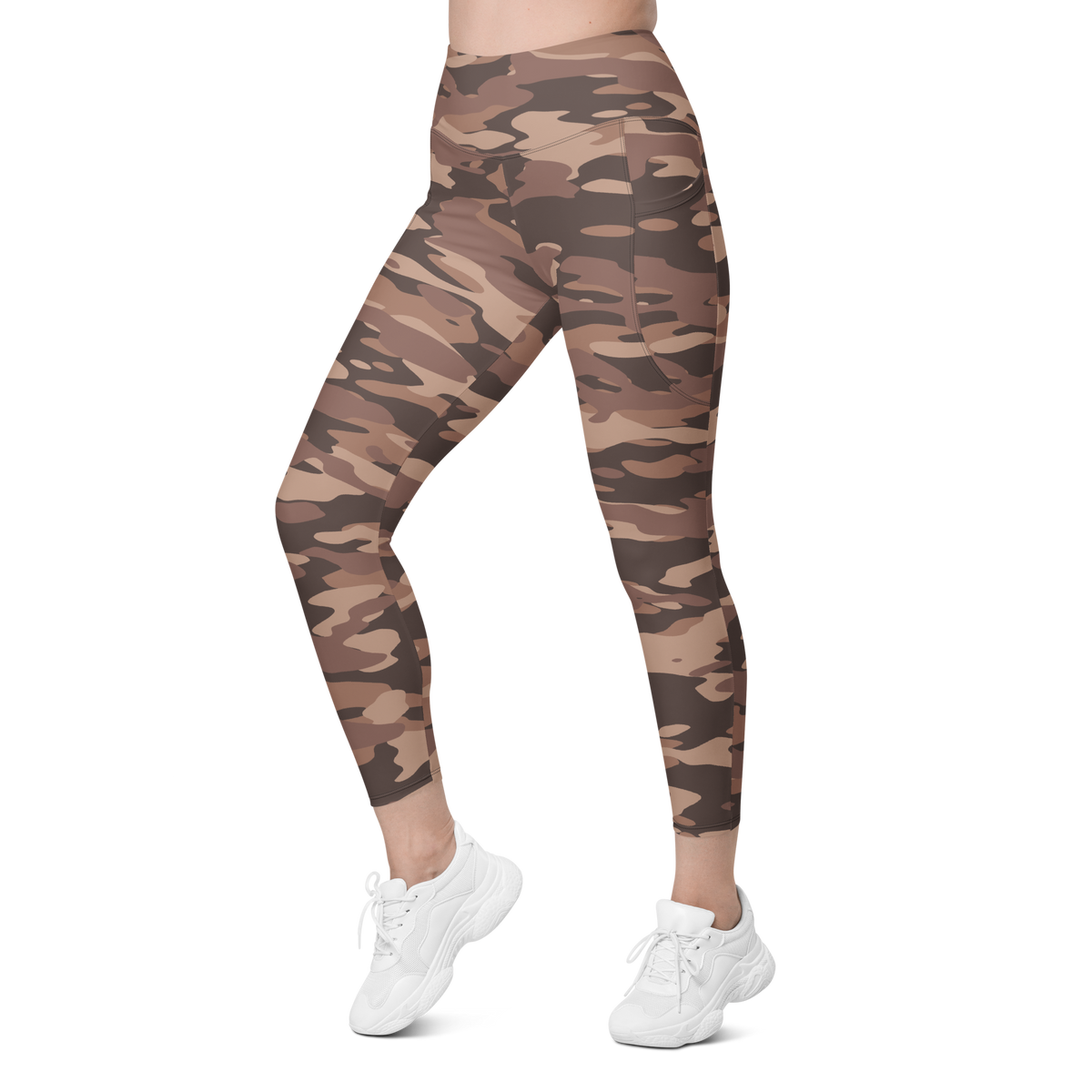 Gulf Mocha Mousse camouflage high-waisted pocket leggings, left-front view.
