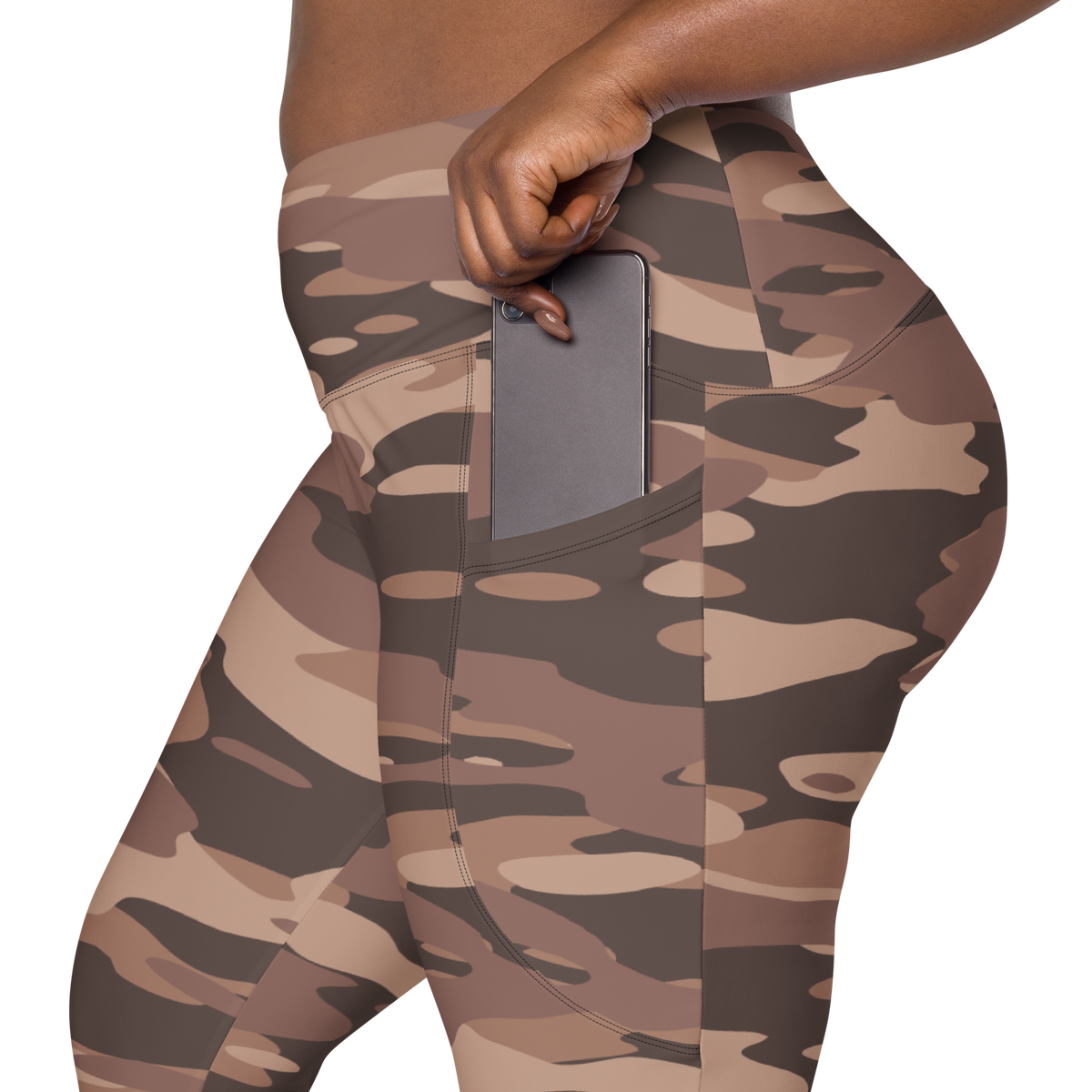 Gulf Mocha Mousse camouflage high-waisted pocket leggings, rear pocket detail.