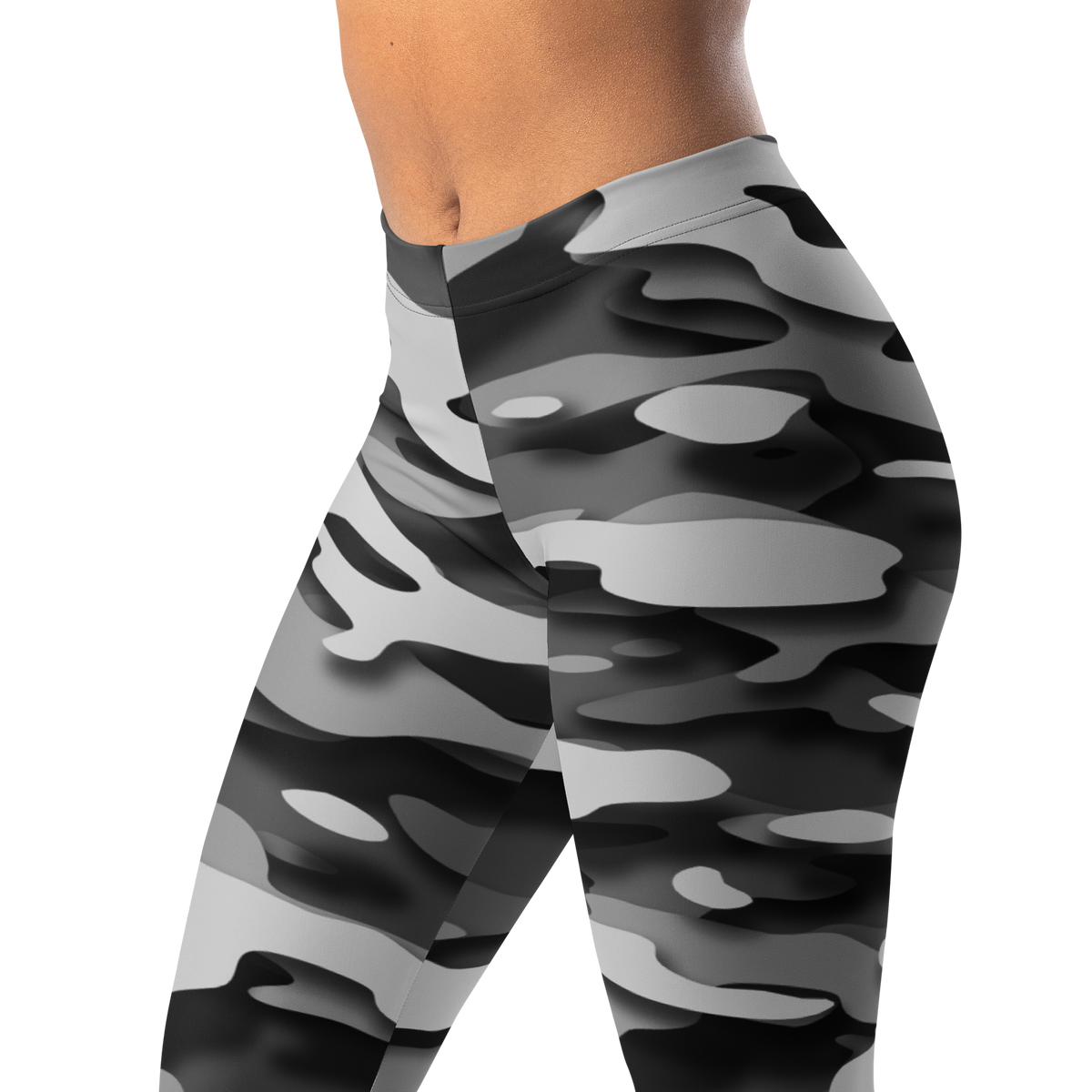 Gulf Relief Greyscale camouflage mid-rise comfort leggings, waistband and pattern detail.