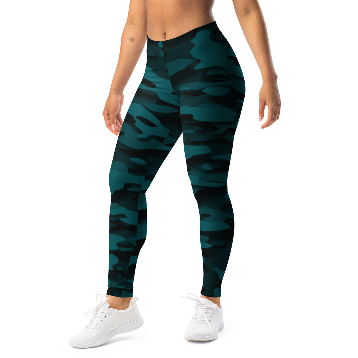 Gulf Relief Harbour Blue camouflage mid-rise comfort leggings, left-front view.