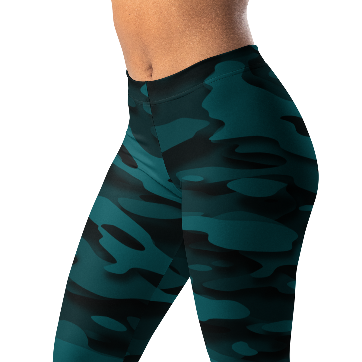 Gulf Relief Harbour Blue camouflage mid-rise comfort leggings, waistband and pattern detail.
