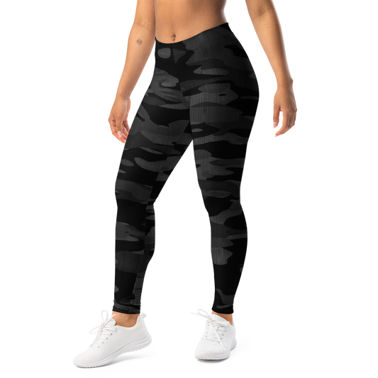 Gulf Striation Greyscale camouflage mid-rise comfort leggings, left-front view.