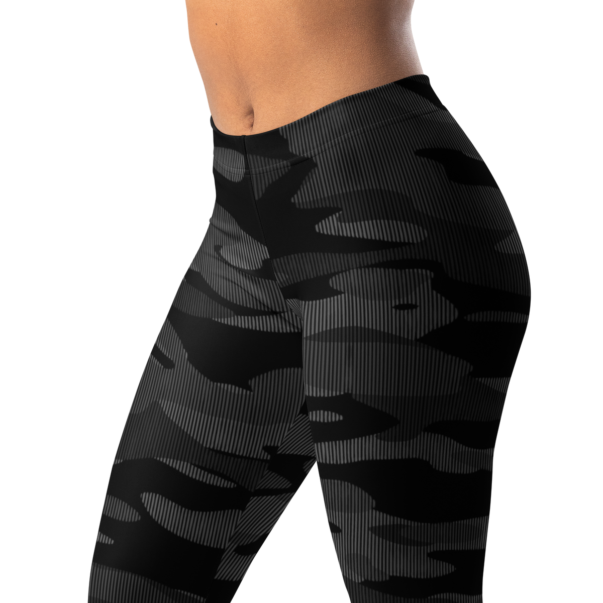Gulf Striation Greyscale camouflage mid-rise comfort leggings, waistband and pattern detail.