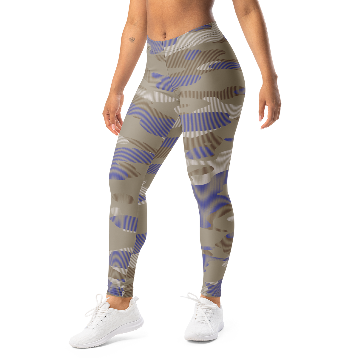 Gulf Striation Very Peri 1 camouflage mid-rise comfort leggings, left-front view.