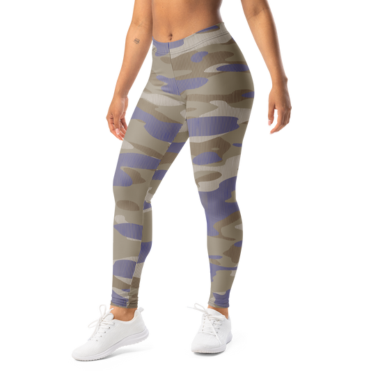 Gulf Striation Very Peri 1 camouflage mid-rise comfort leggings, left-front view.