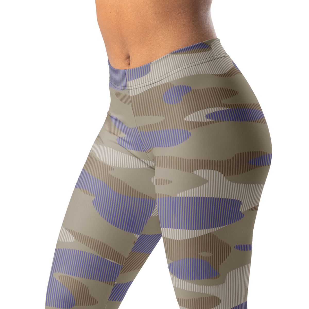 Gulf Striation Very Peri 1 camouflage mid-rise comfort leggings, waistband and pattern detail.