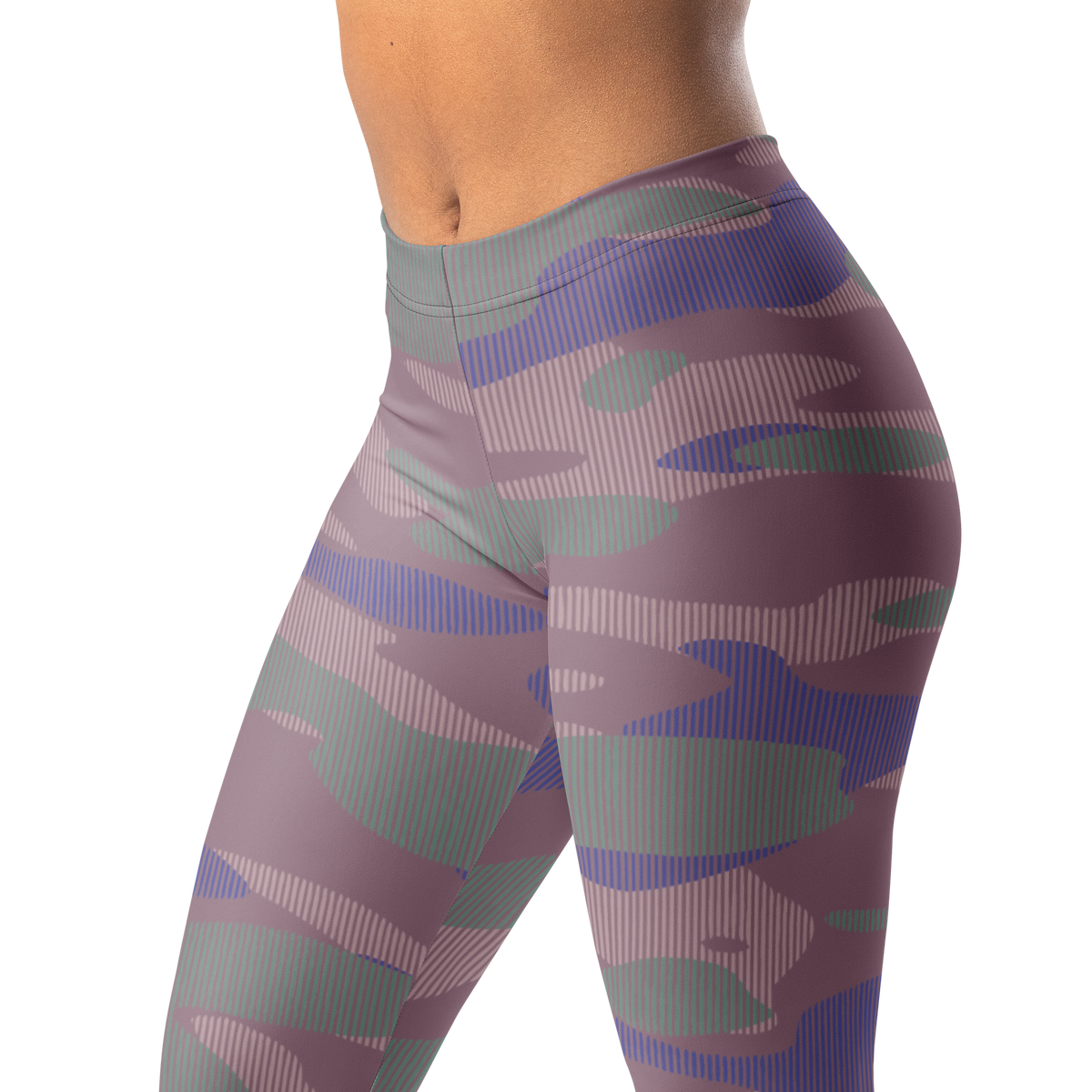 Gulf Striation Very Peri 3 camouflage mid-rise comfort leggings, waistband and pattern detail.