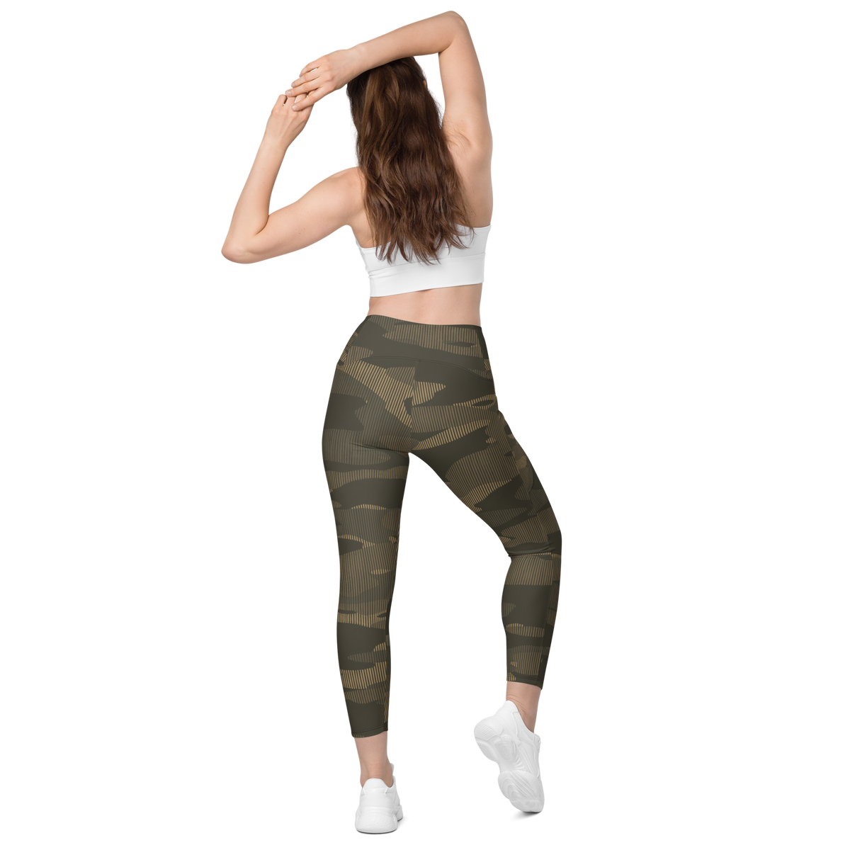 Gulf Striation Woodland camouflage high-waisted pocket leggings, back view.