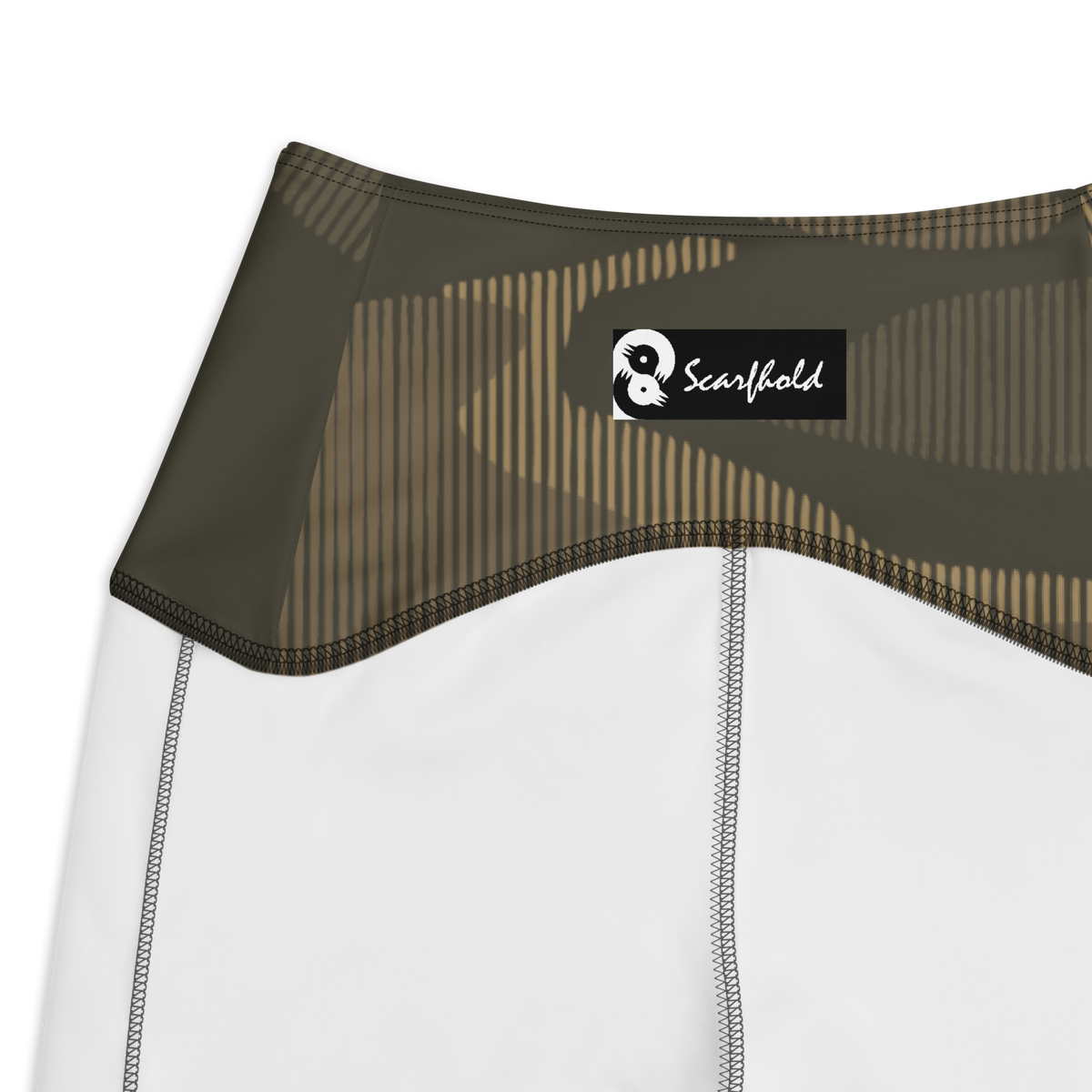 Gulf Striation Woodland camouflage high-waisted pocket leggings, inside-label and construction detail.