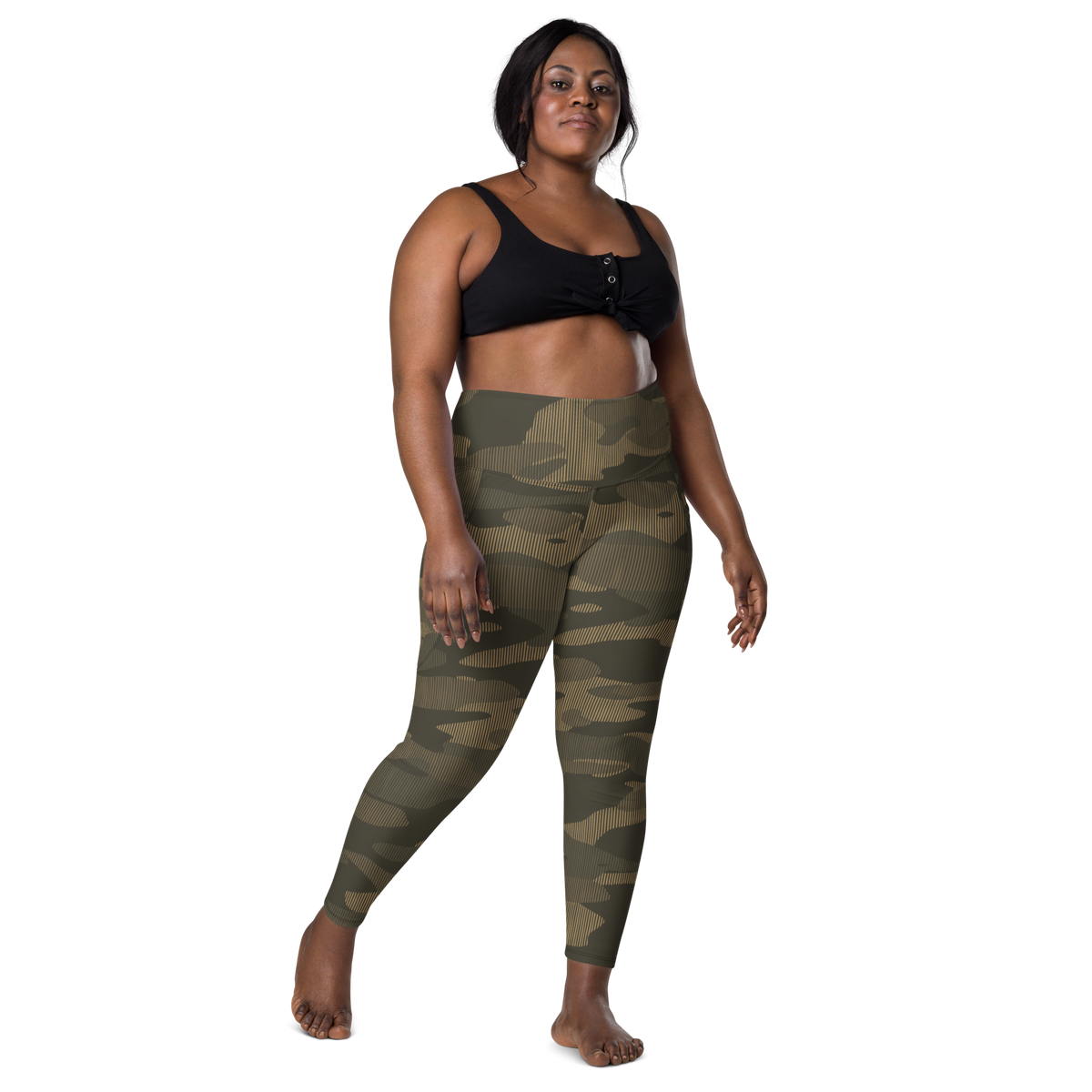 Gulf Striation Woodland camouflage high-waisted pocket leggings, larger-model front view.
