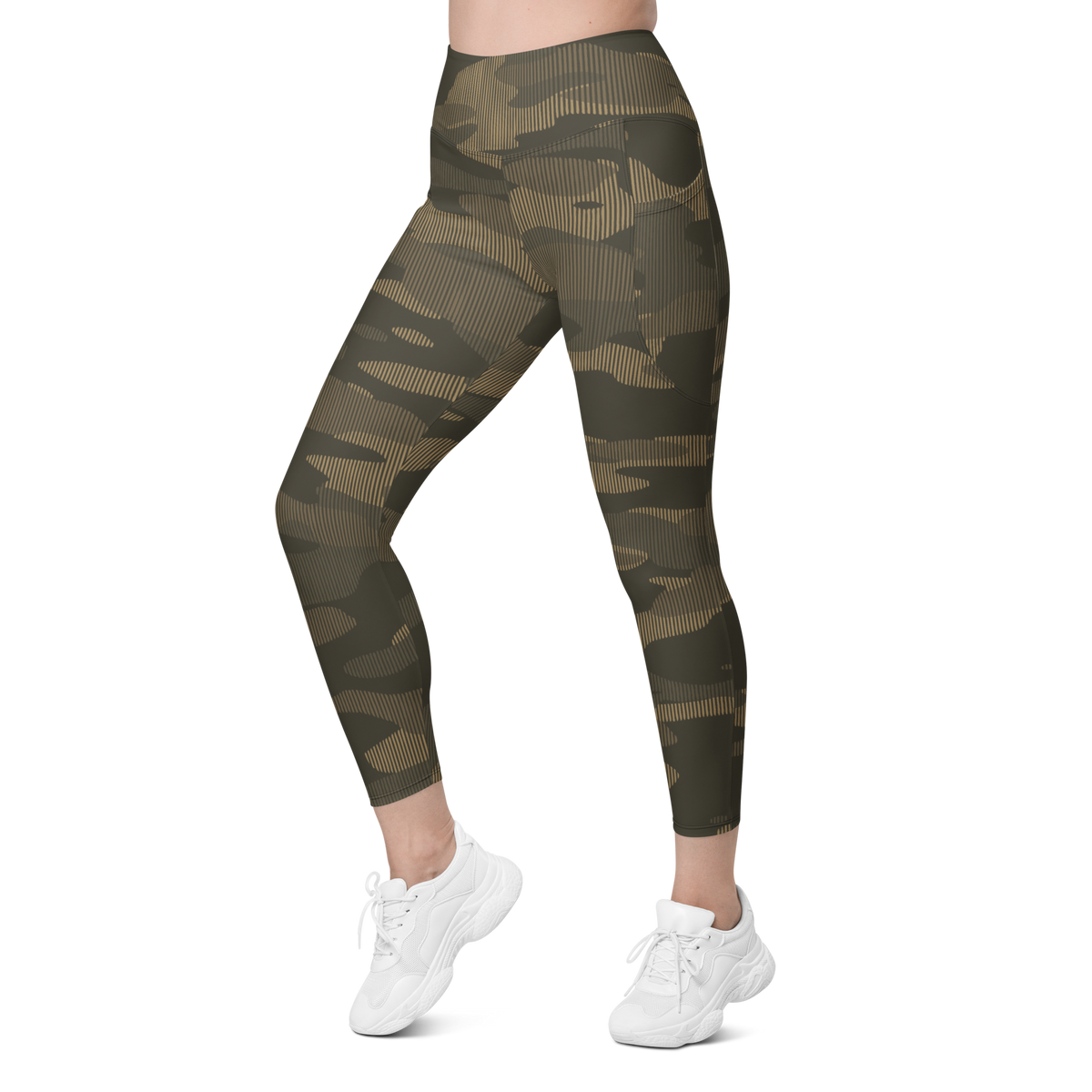 Gulf Striation Woodland camouflage high-waisted pocket leggings, left-front view.