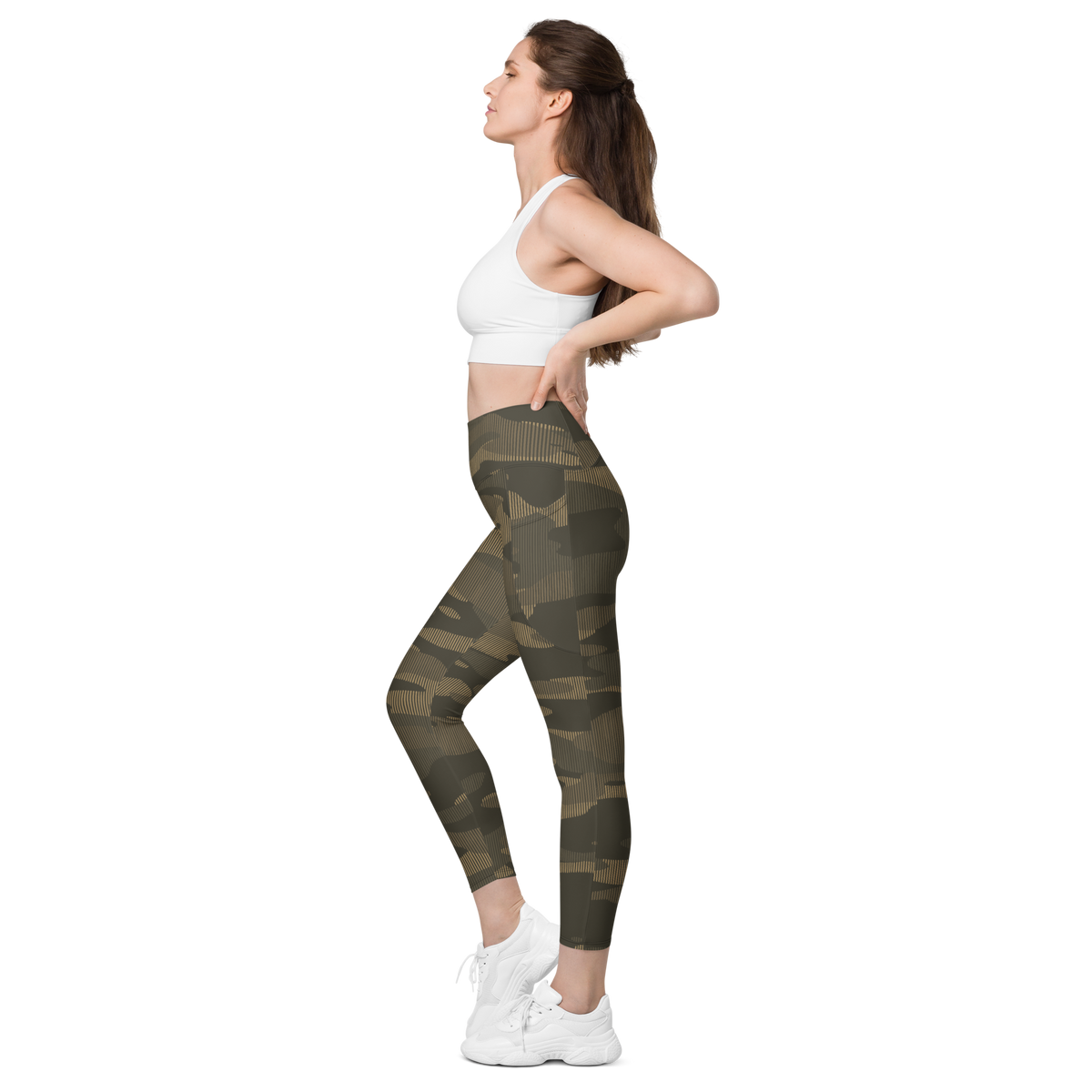 Gulf Striation Woodland camouflage high-waisted pocket leggings, pocket-in-use view.