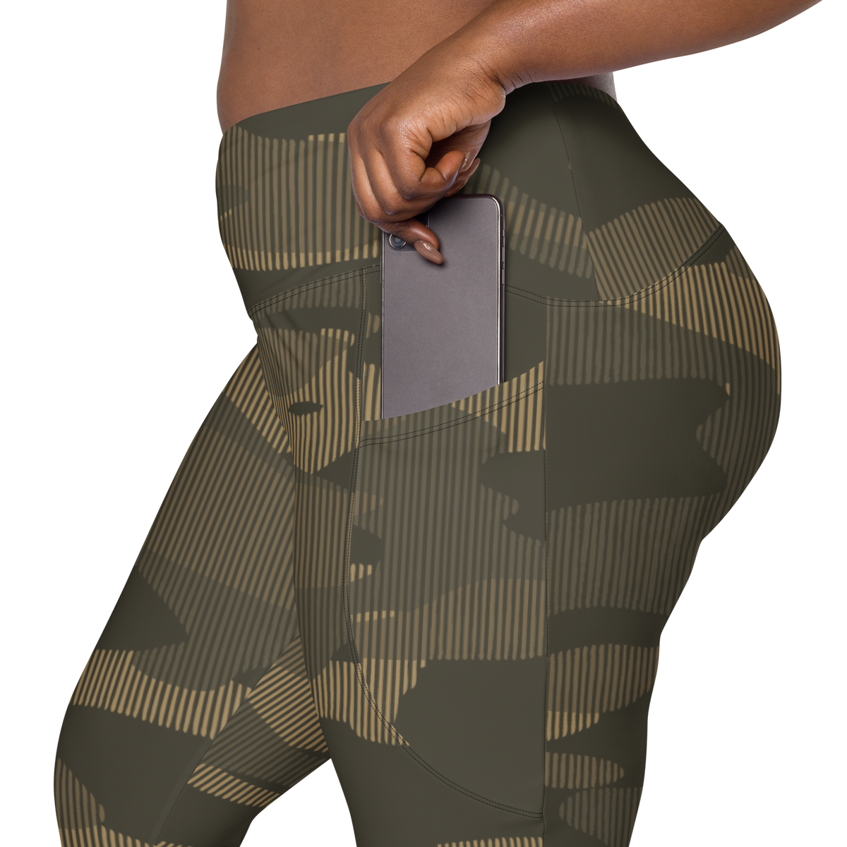 Gulf Striation Woodland camouflage high-waisted pocket leggings, rear pocket detail.