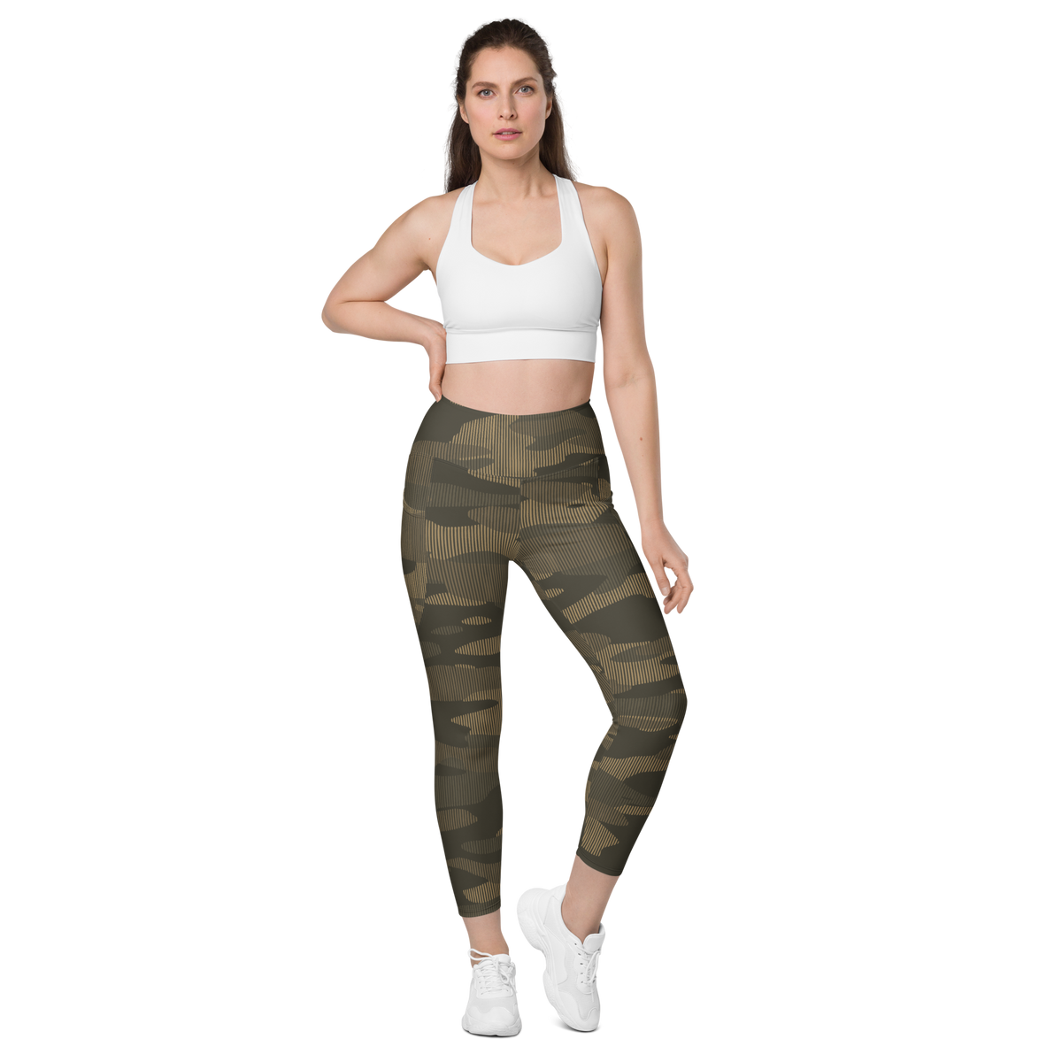 Gulf Striation Woodland camouflage high-waisted pocket leggings, straight-front view.