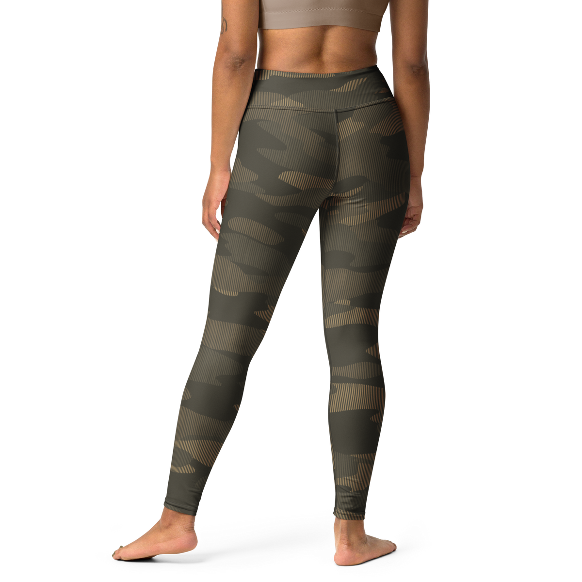 Gulf Striation Woodland camouflage high-waisted yoga leggings, back view.