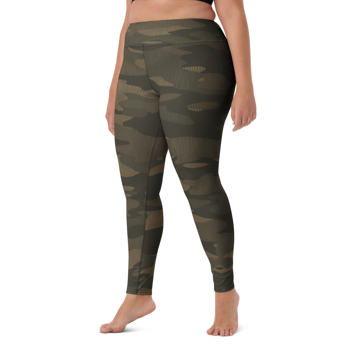 Gulf Striation Woodland camouflage high-waisted yoga leggings, larger-model left-front view.
