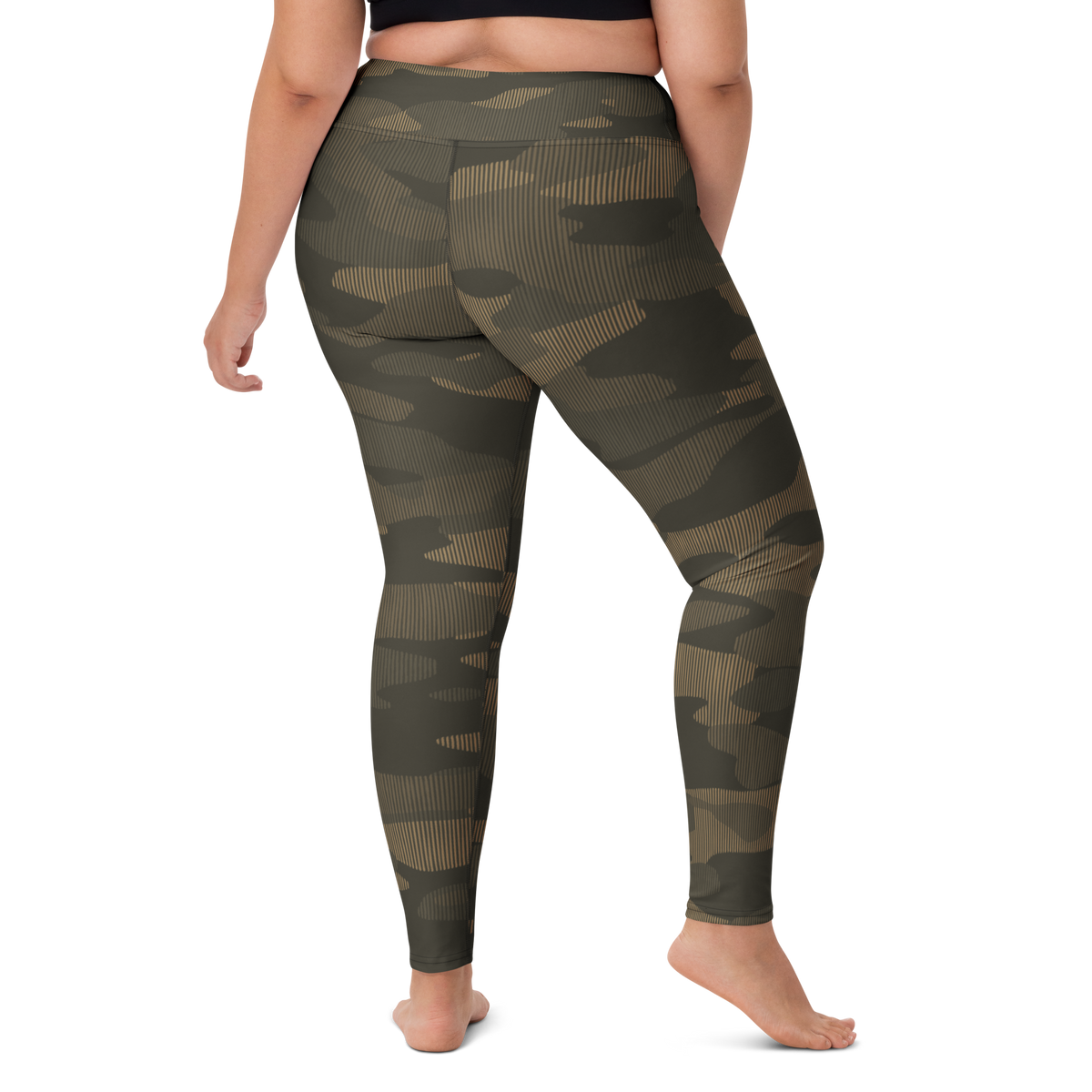 Gulf Striation Woodland camouflage high-waisted yoga leggings, larger-model right-back view.