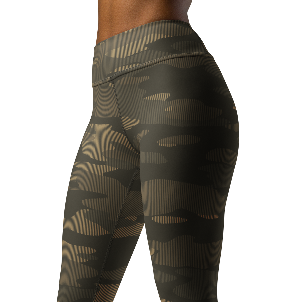 Gulf Striation Woodland camouflage high-waisted yoga leggings, close pattern view.