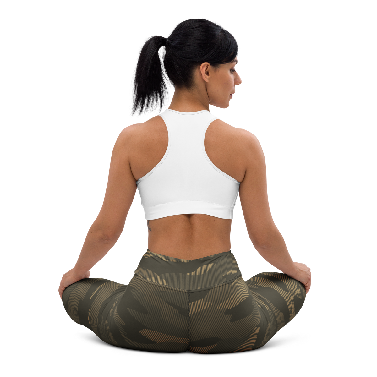 Gulf Striation Woodland camouflage high-waisted yoga leggings, seated back view.