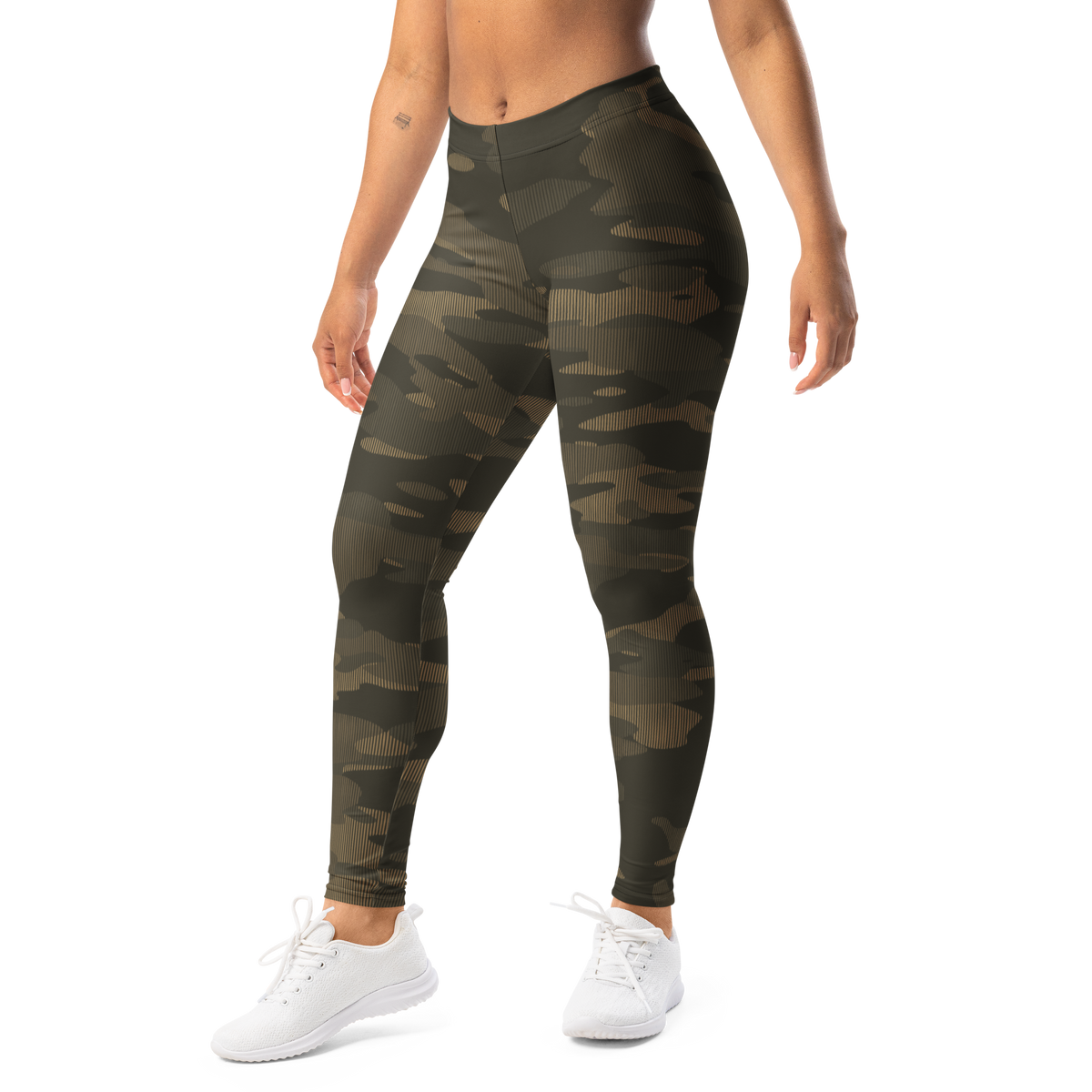Gulf Striation Woodland camouflage mid-rise comfort leggings, left-front view.