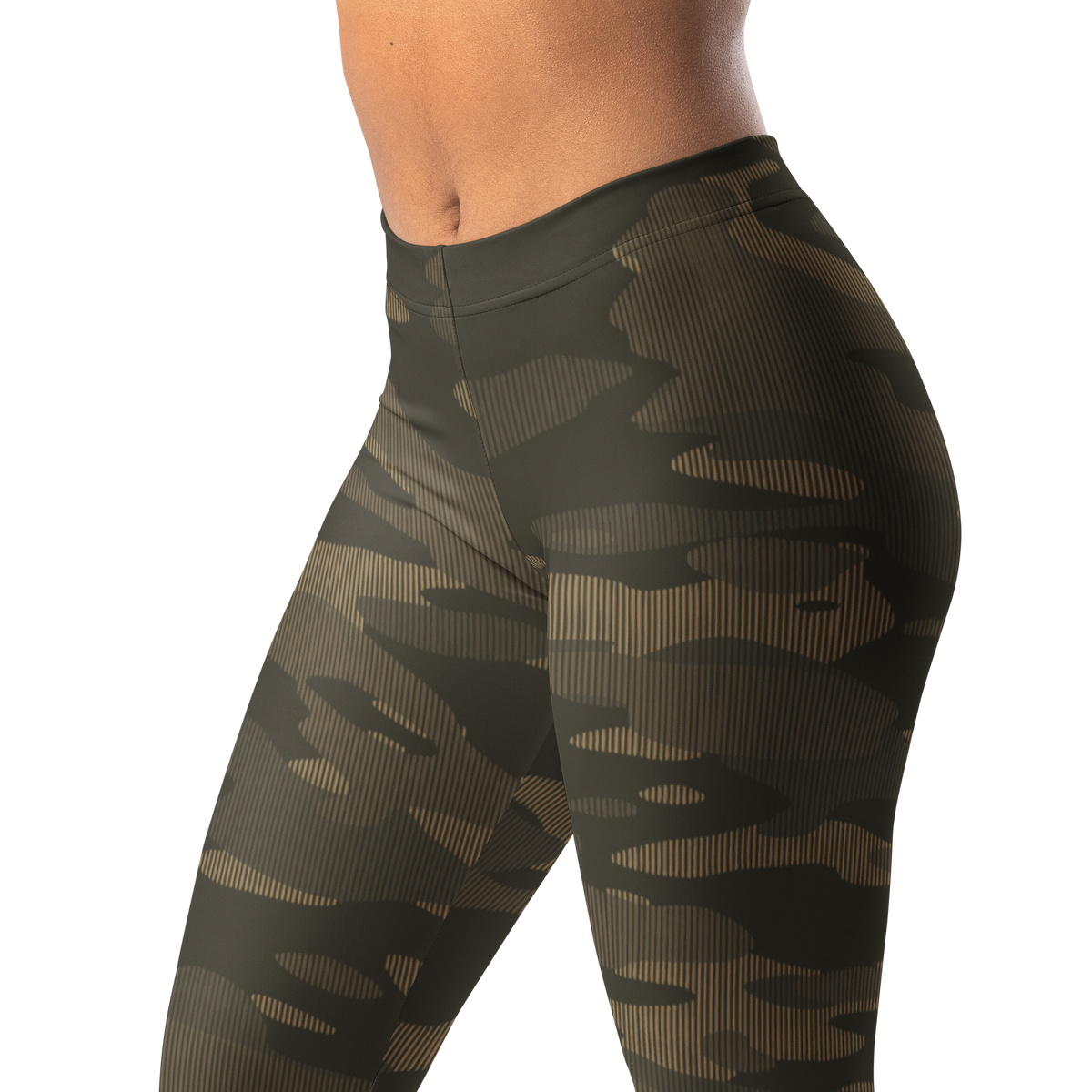 Gulf Striation Woodland camouflage mid-rise comfort leggings, waistband and pattern detail.