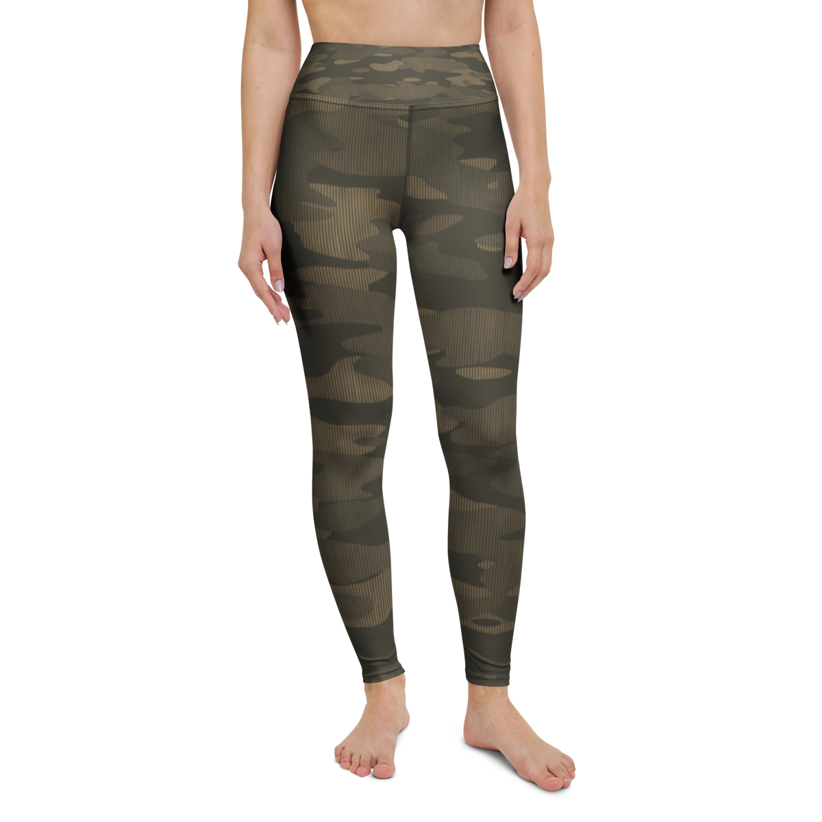 Gulf — Striation · Woodland high-waisted yoga leggings, straight front view, barefoot.