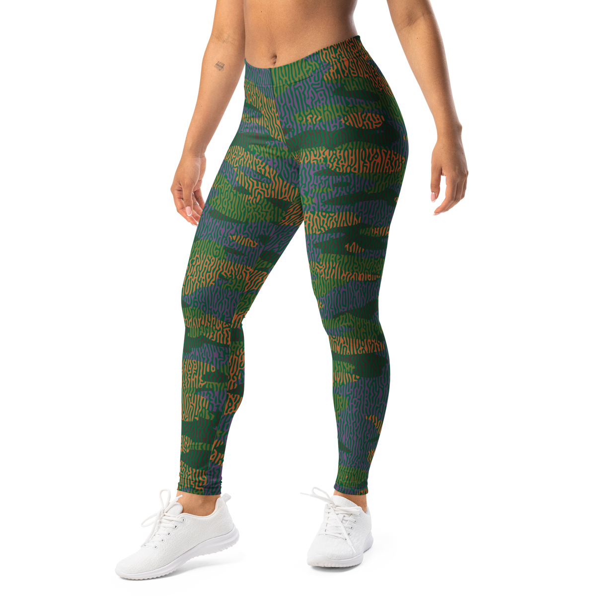 Gulf Turing Fall 4 camouflage mid-rise comfort leggings, left-front view.