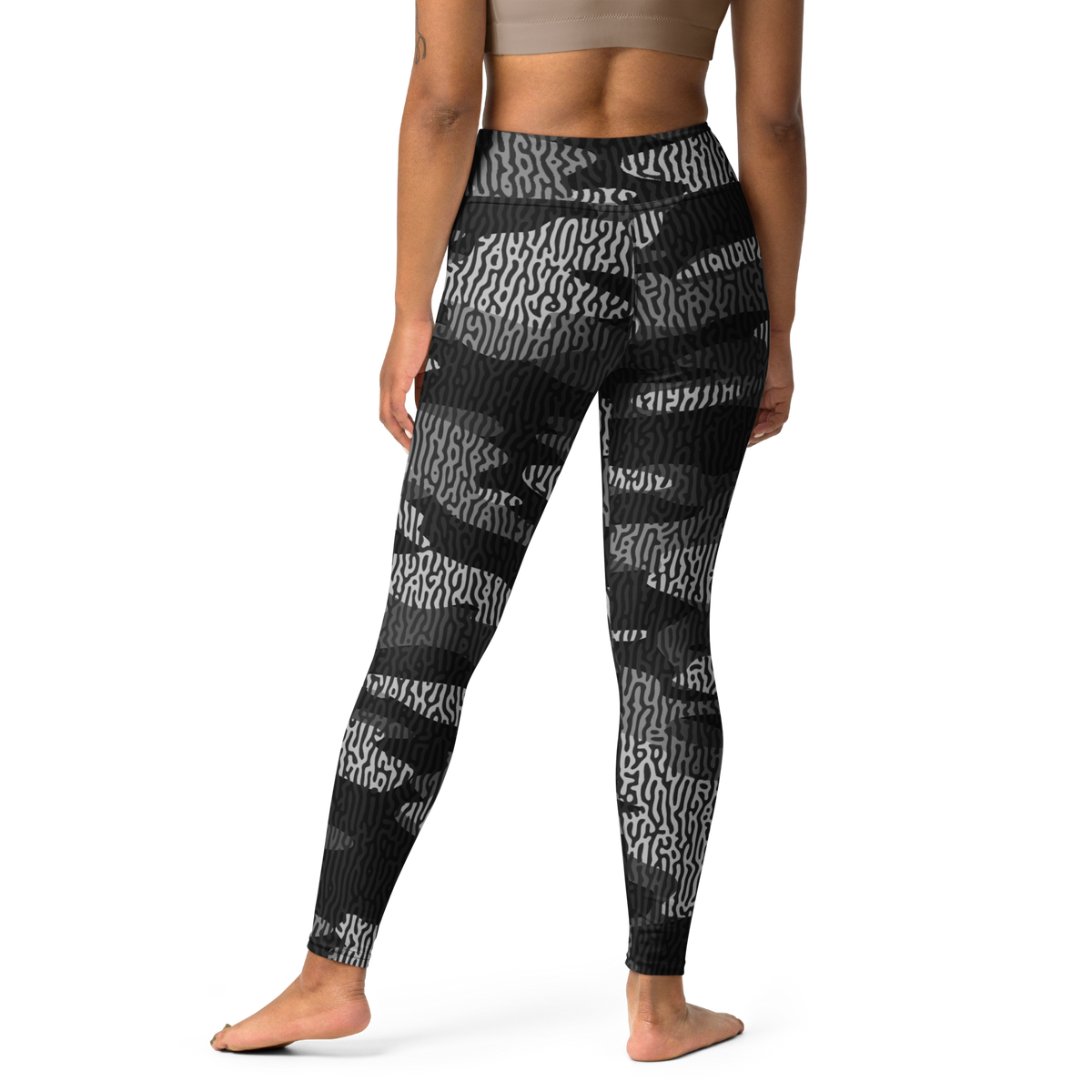 Gulf Turing Greyscale camouflage high-waisted yoga leggings, back view.