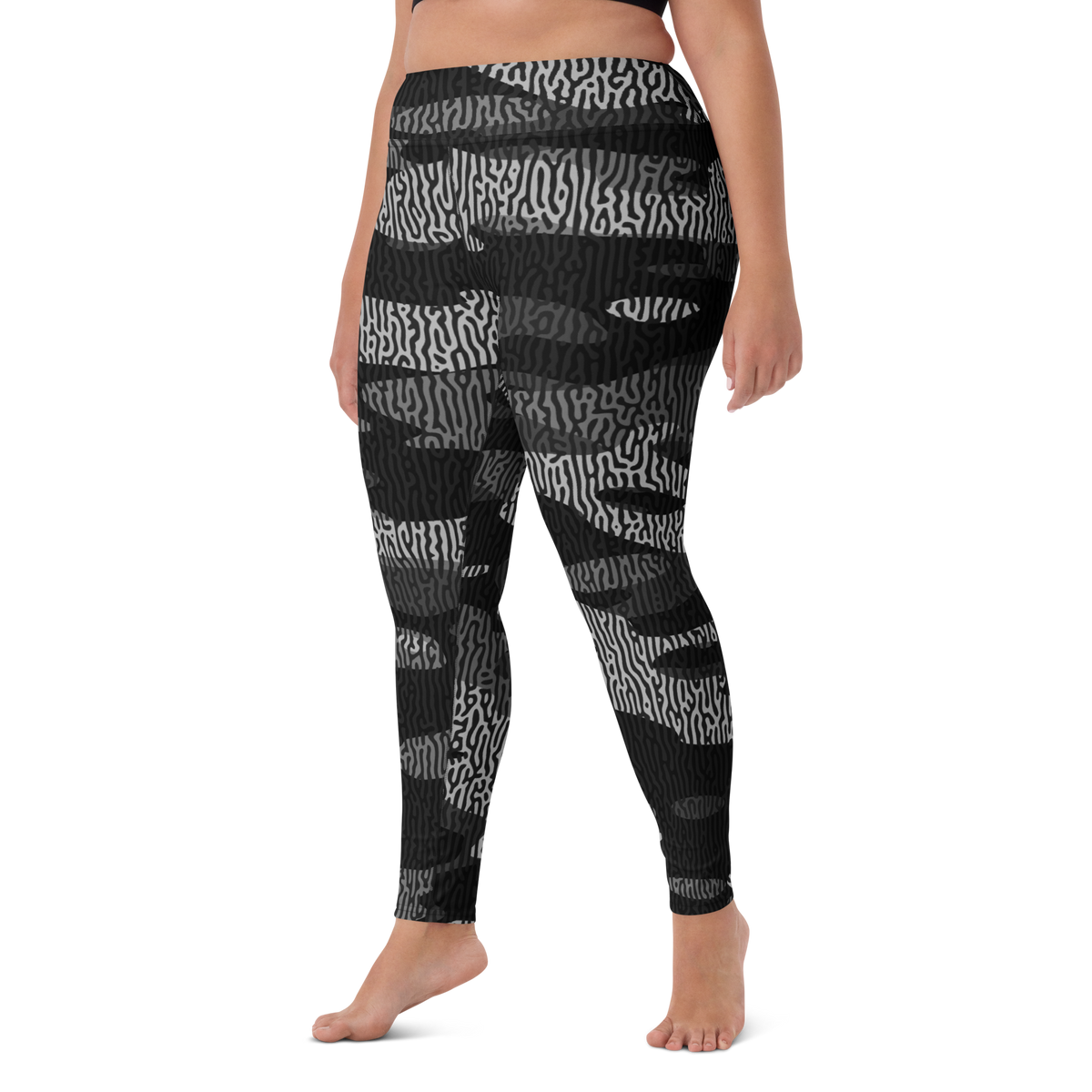 Gulf Turing Greyscale camouflage high-waisted yoga leggings, larger-model left-front view.