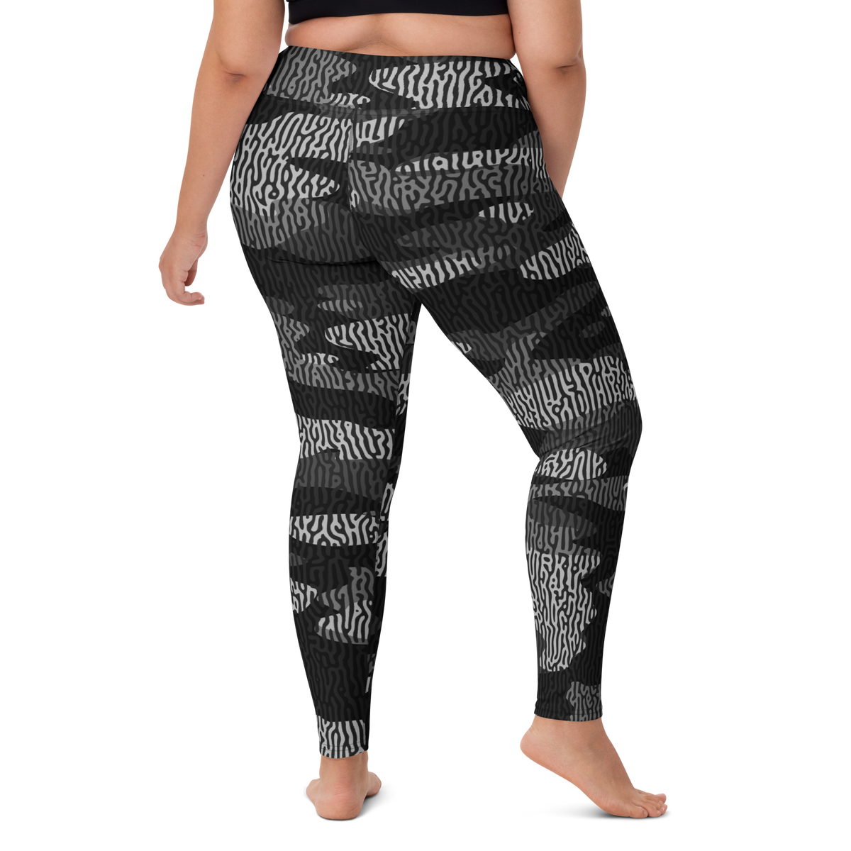 Gulf Turing Greyscale camouflage high-waisted yoga leggings, larger-model right-back view.