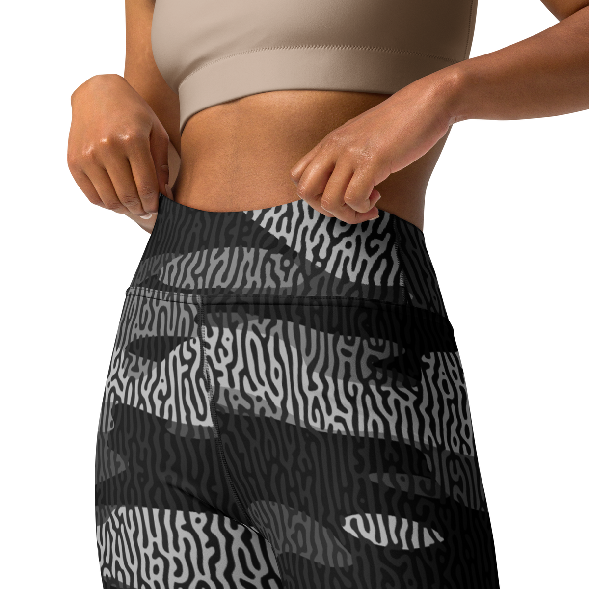 Gulf Turing Greyscale camouflage high-waisted yoga leggings, waistband and construction detail.