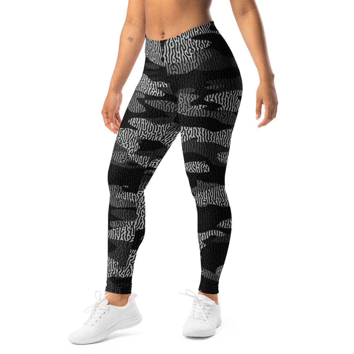 Gulf Turing Greyscale camouflage mid-rise comfort leggings, left-front view.