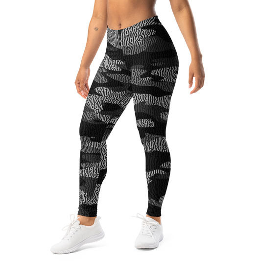 Gulf Turing Greyscale camouflage mid-rise comfort leggings, left-front view.