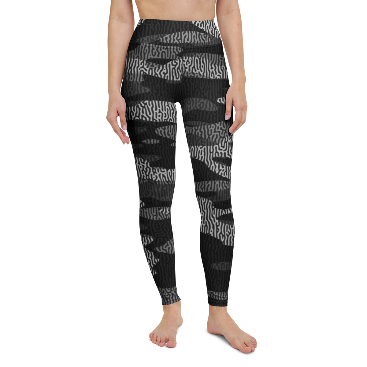 Gulf — Turing · Greyscale high-waisted yoga leggings, straight front view, barefoot.