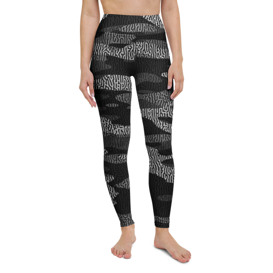 Gulf — Turing · Greyscale high-waisted yoga leggings, straight front view, barefoot.