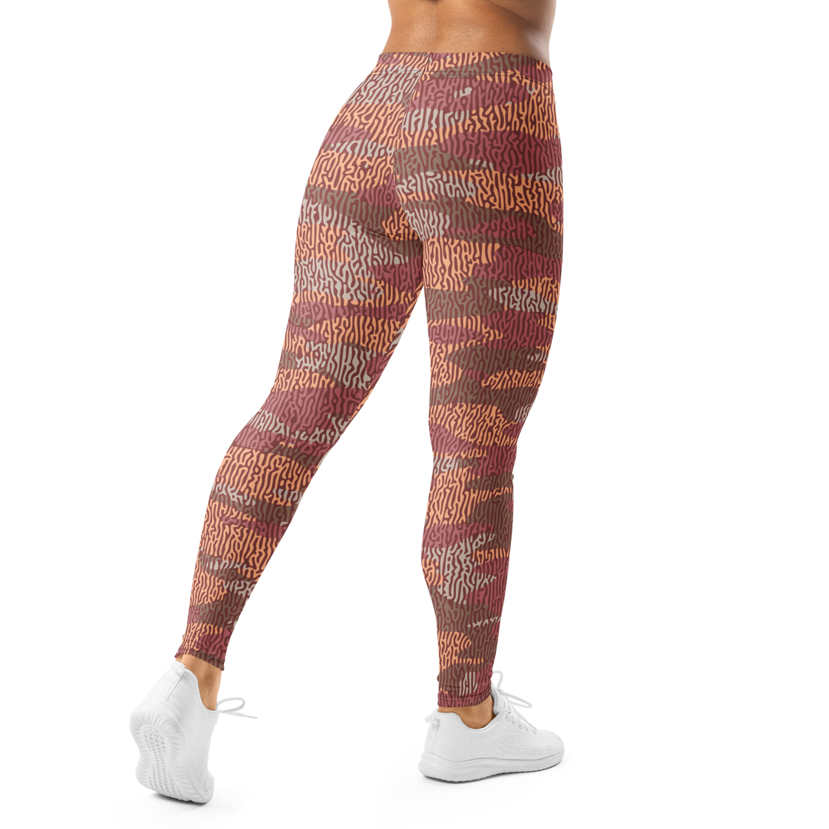 Gulf Turing Libations camouflage mid-rise comfort leggings, back view.